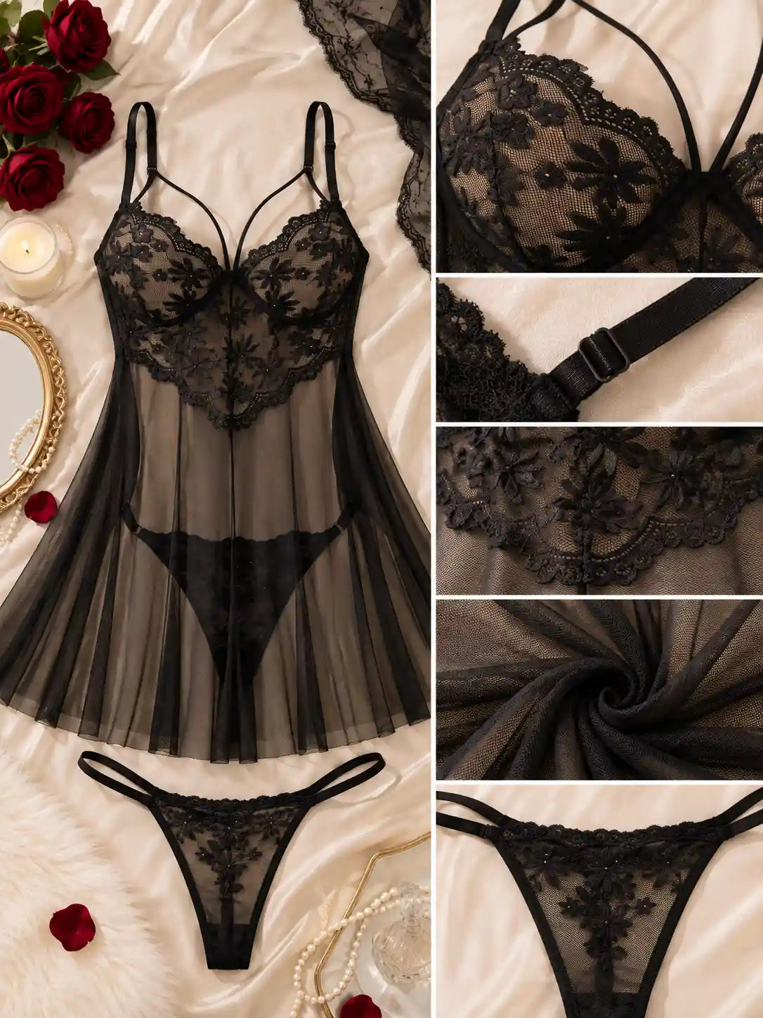 LACE MESH SHEER BABYDOLL DRESS