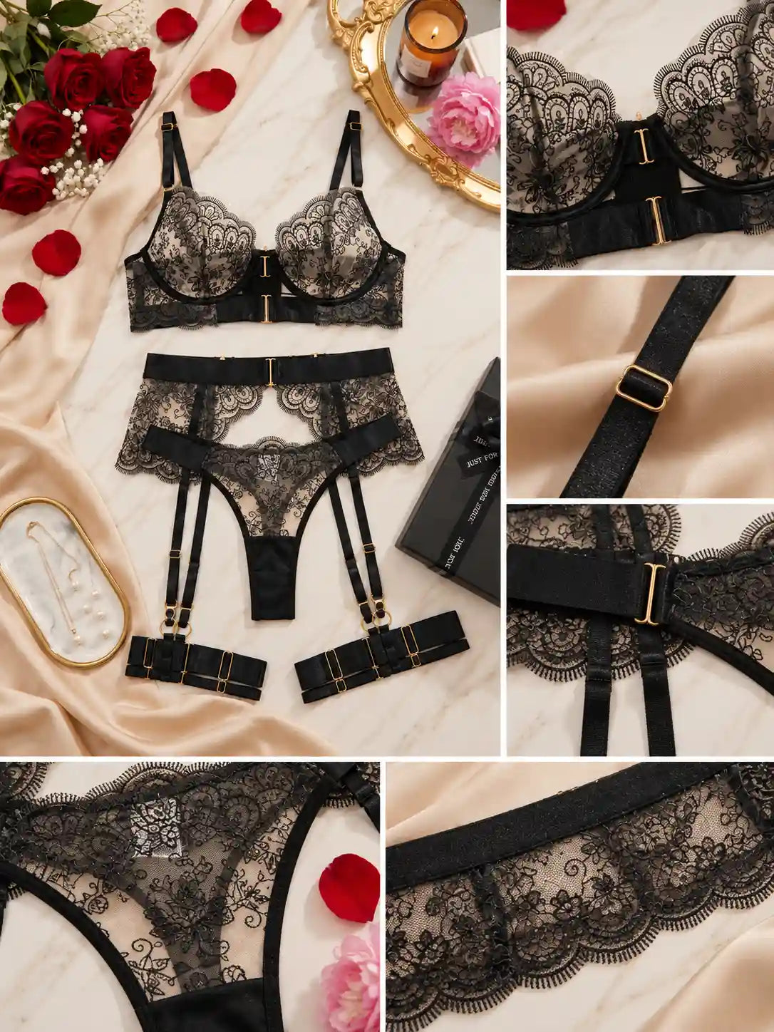 EMBROIDERED LACE FOUR-PIECE SET