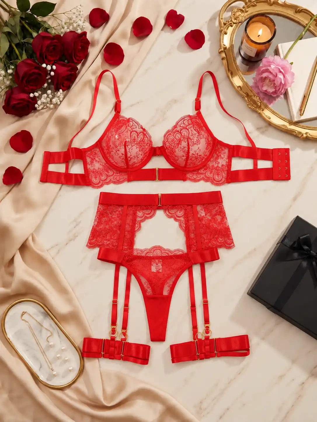 EMBROIDERED LACE FOUR-PIECE SET