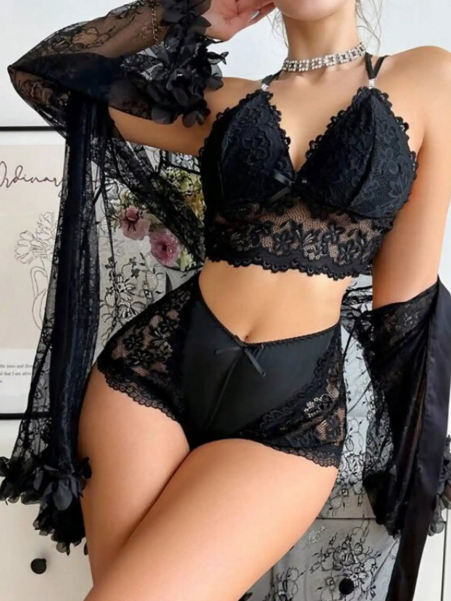 SHEER LACE LINGERIE & ROBE SET