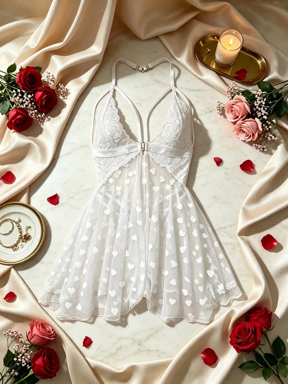 HEART FLUTTER MESH SLIP DRESS | WHITE