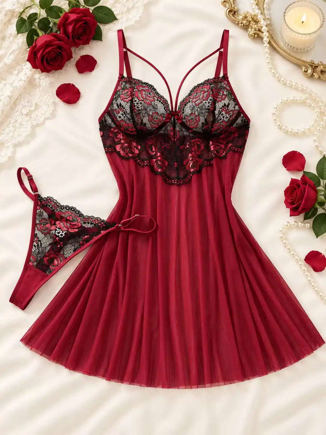 LACE MESH SHEER BABYDOLL DRESS
