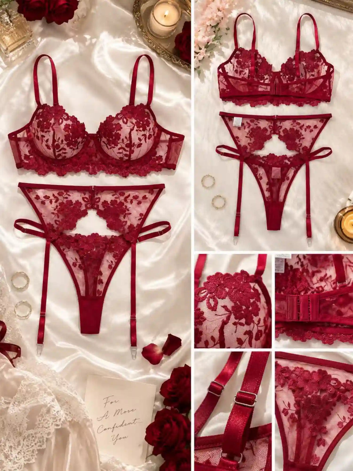 EMBROIDERED LACE GARTER LINGERIE SET