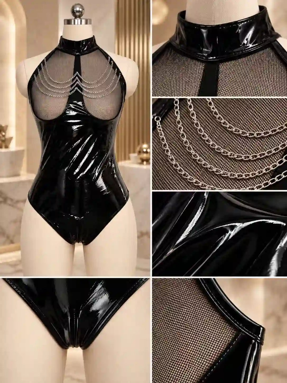 FAUX LEATHER CHAIN GOTHIC BODYSUIT
