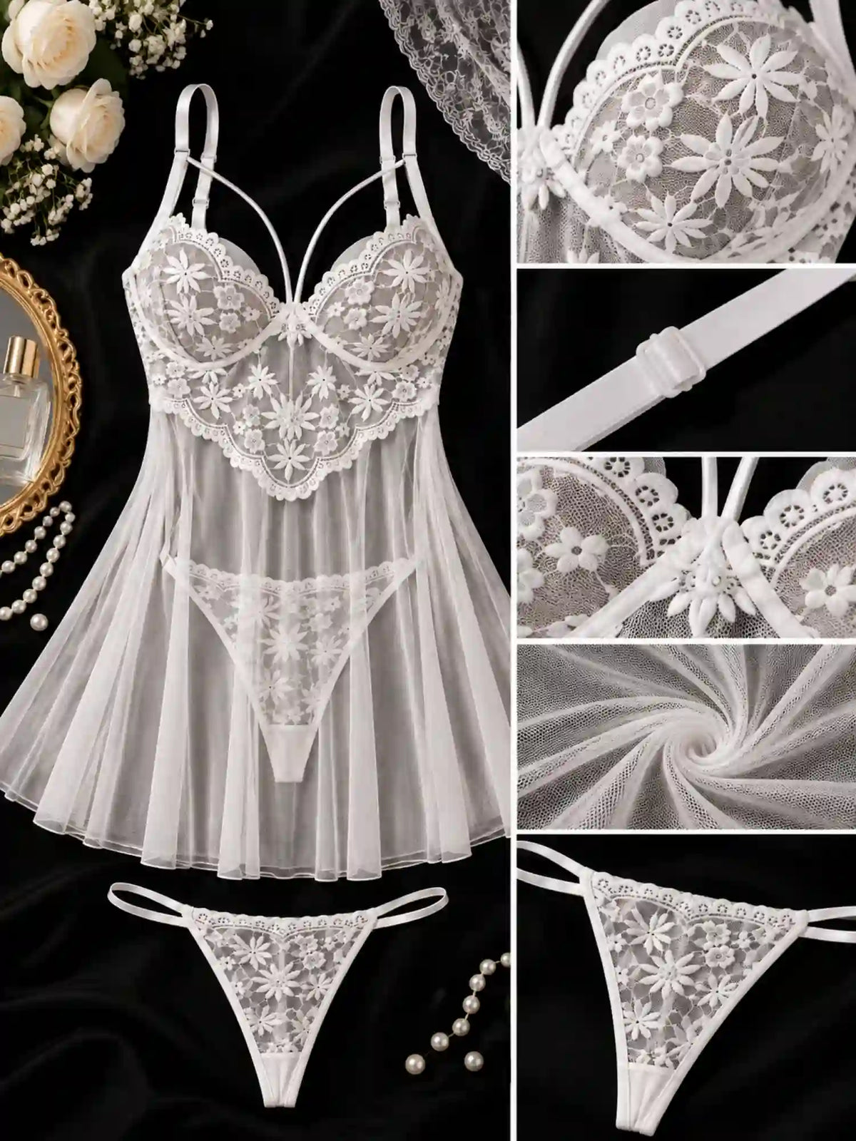 LACE MESH SHEER BABYDOLL DRESS