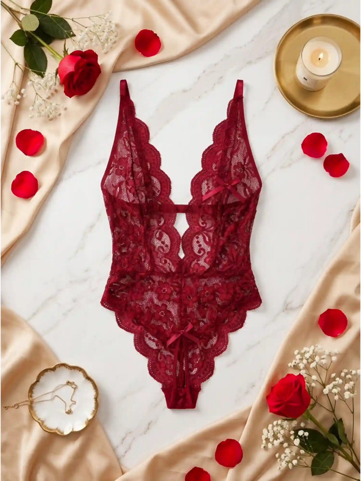 NIGHT ALLURE BACKLESS LACE BODYSUIT | RED