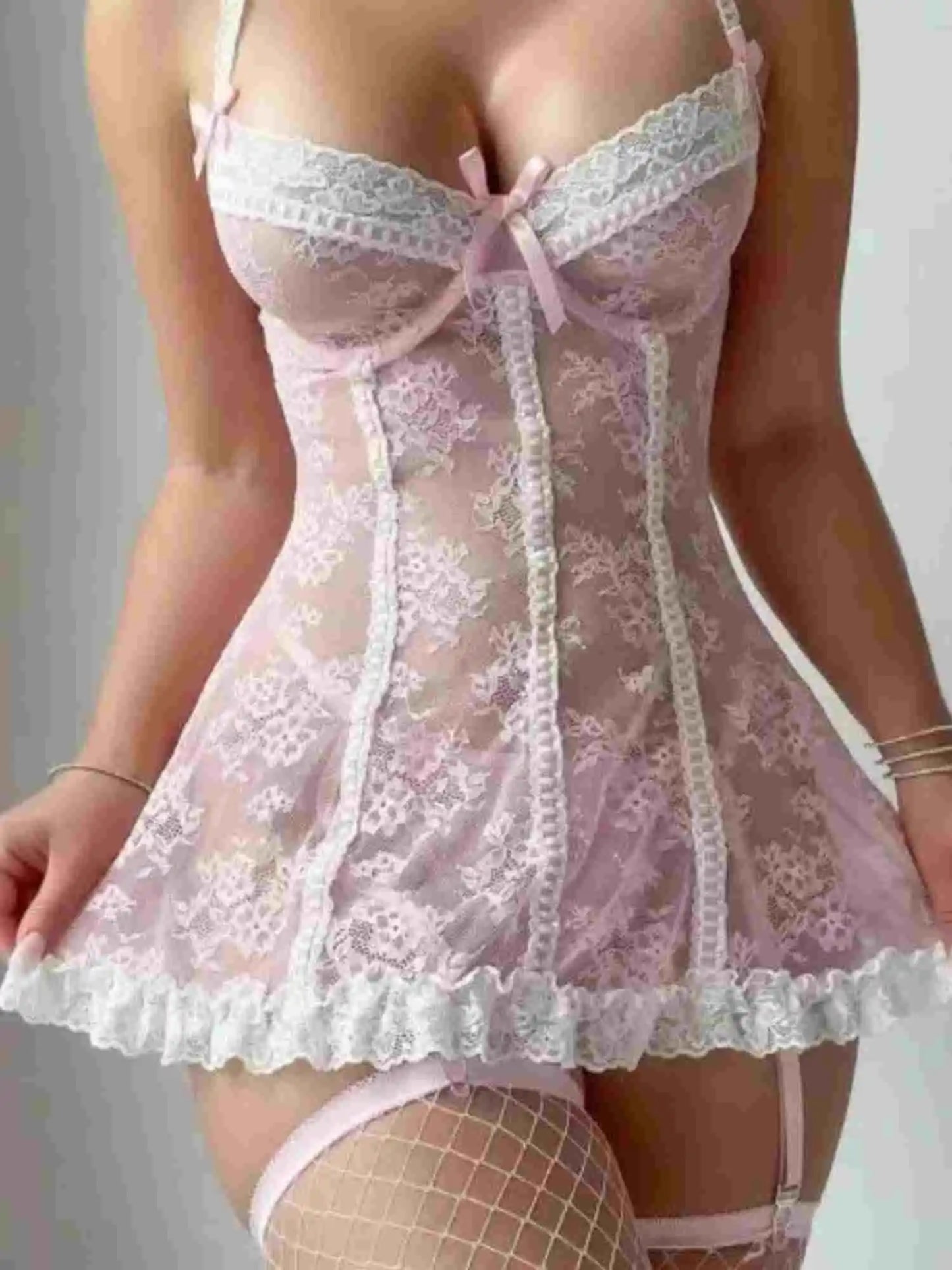 AMOUR SHEER LACE TEDDY DRESS丨PINK