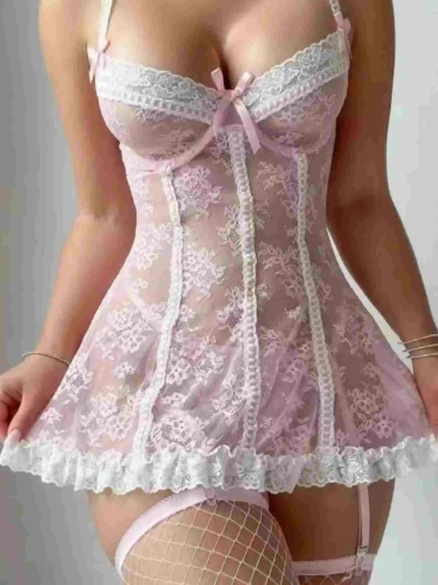 AMOUR SHEER LACE TEDDY DRESS丨PINK